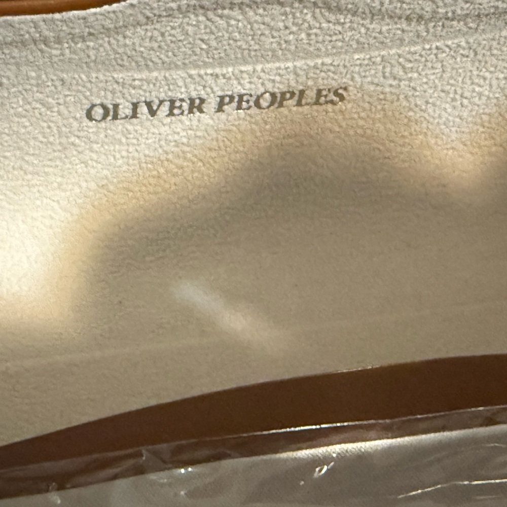 Oliver Peoples Tan Hard Shell Eyewear Case with New Cleaning Cloth Accessory